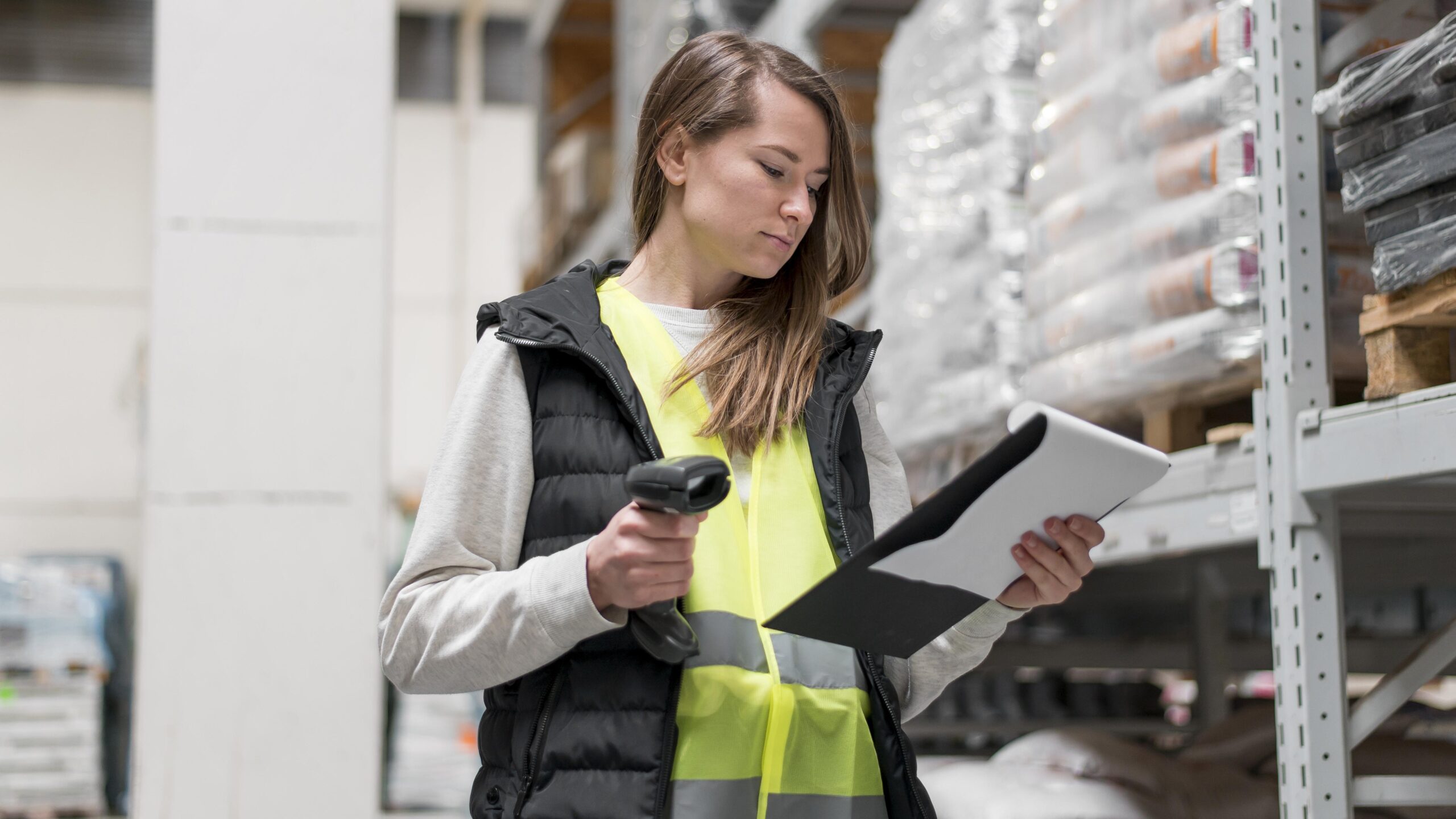 a woman holding a barcode scanner and a clipboard